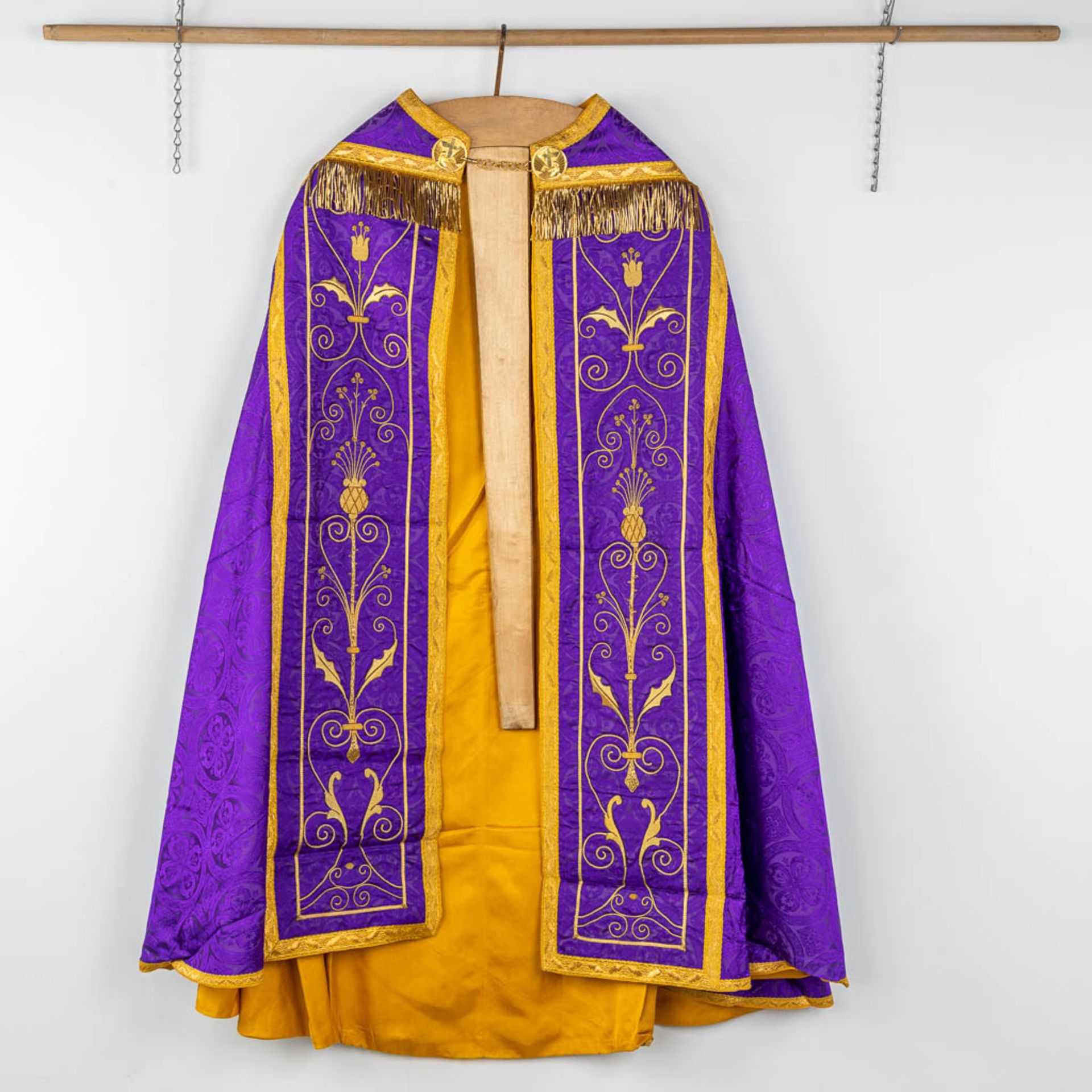 A Cope and Humeral Veil, finished with thick gold thread and purple fabric and the IHS logo. - Image 10 of 12