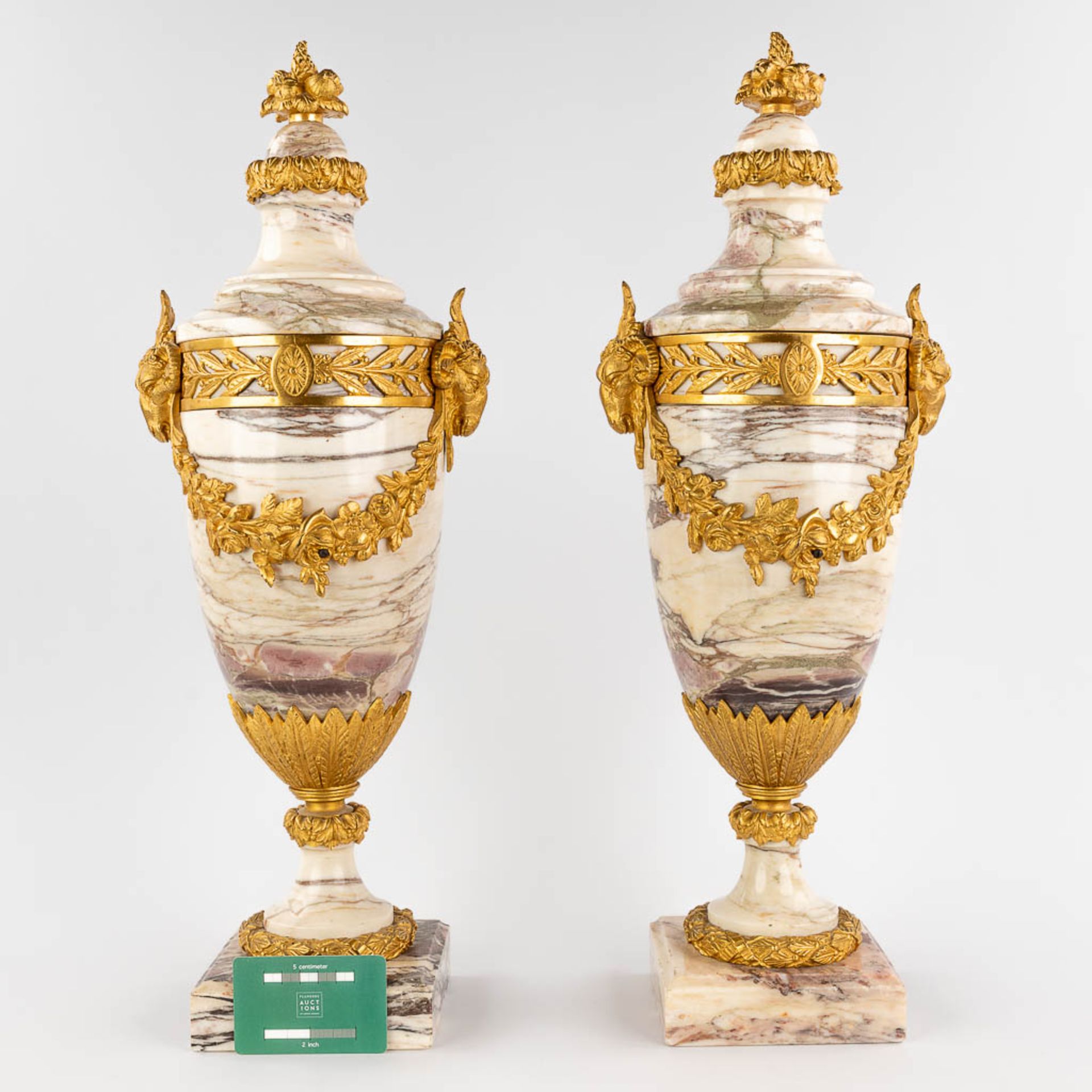 A pair of gilt bronze mounted cassolettes, ram's heads in Louis XVI style. (W: 20 x H: 56 cm) - Bild 2 aus 12