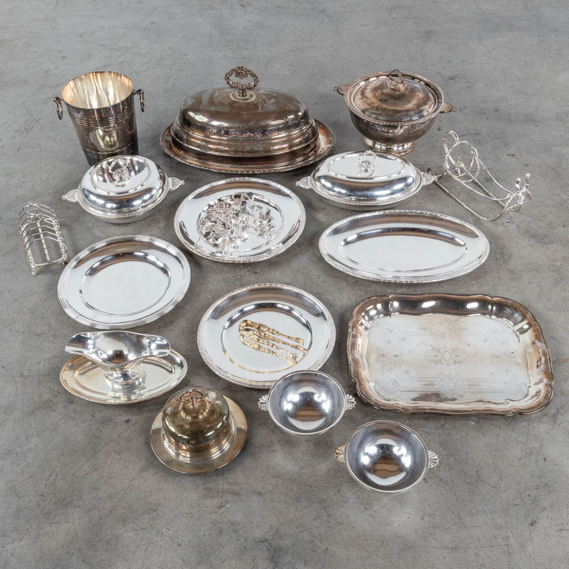 A large collection of table accessories and serving ware, silver-plated metal. (L: 32 x W: 48 cm)