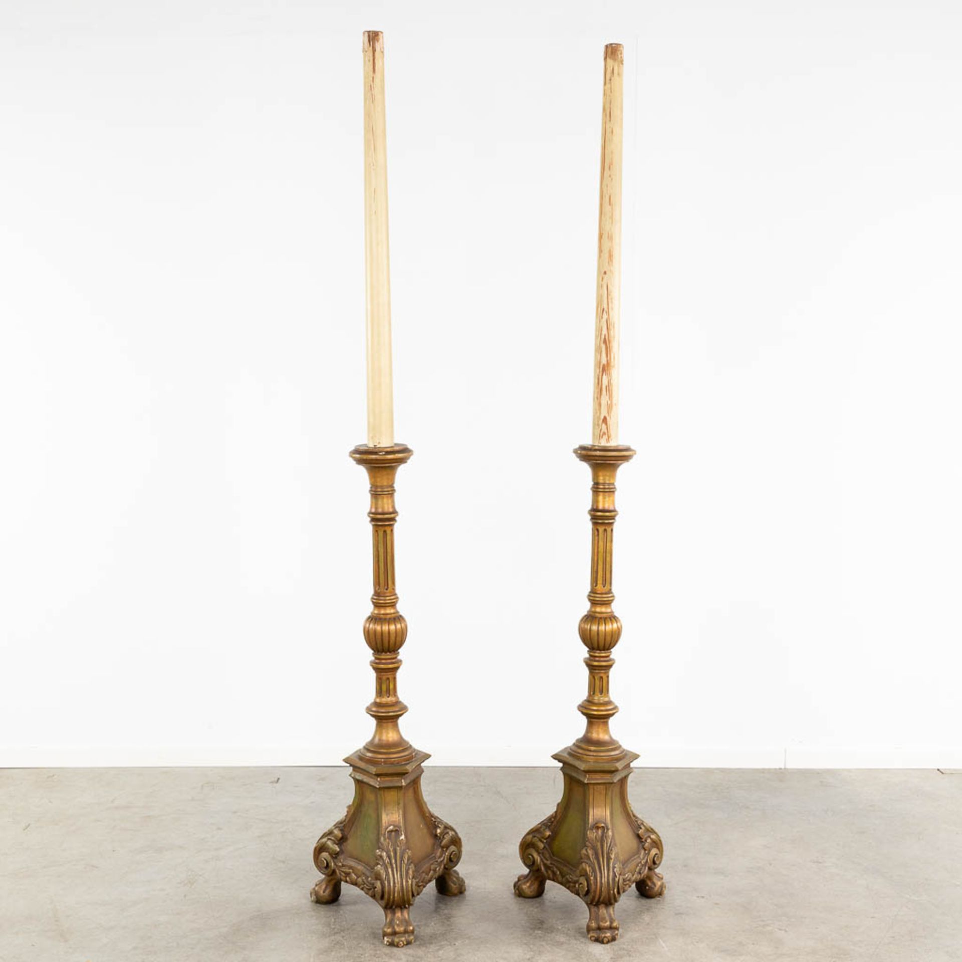 A pair of wood-sculptured church candlesticks. 19th C. (L: 41 x W: 41 x H: 219 cm) - Image 3 of 8