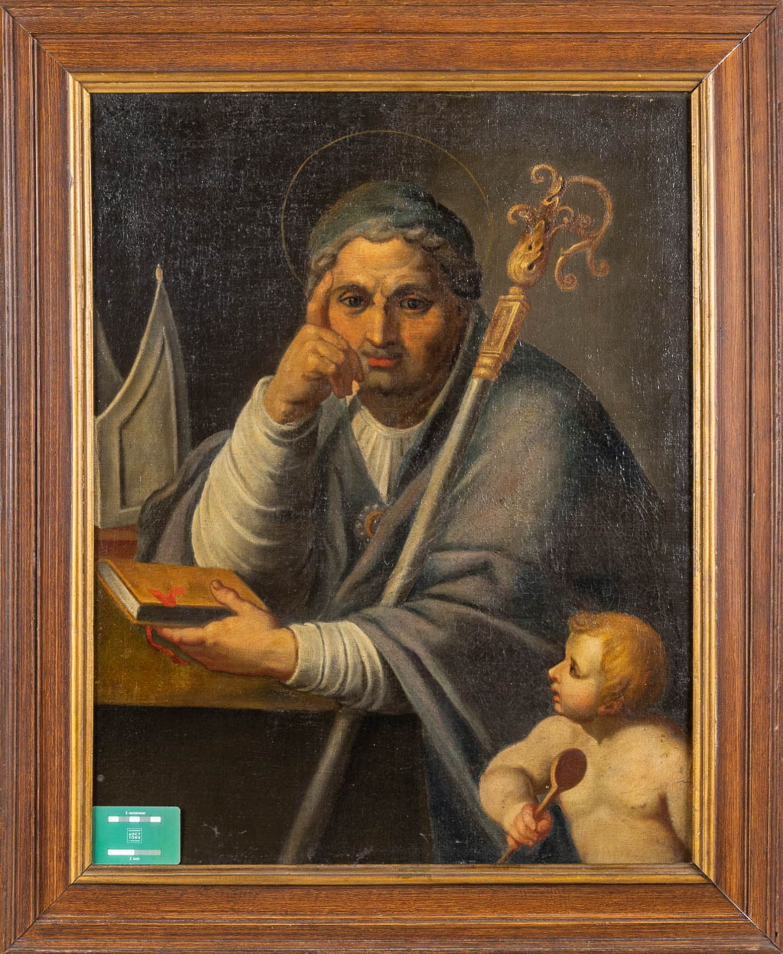 An antique painting, 'Saint Augustine with a staff and putto' oil on canvas. 18th C. (W: 60 x H: 75 - Image 2 of 8