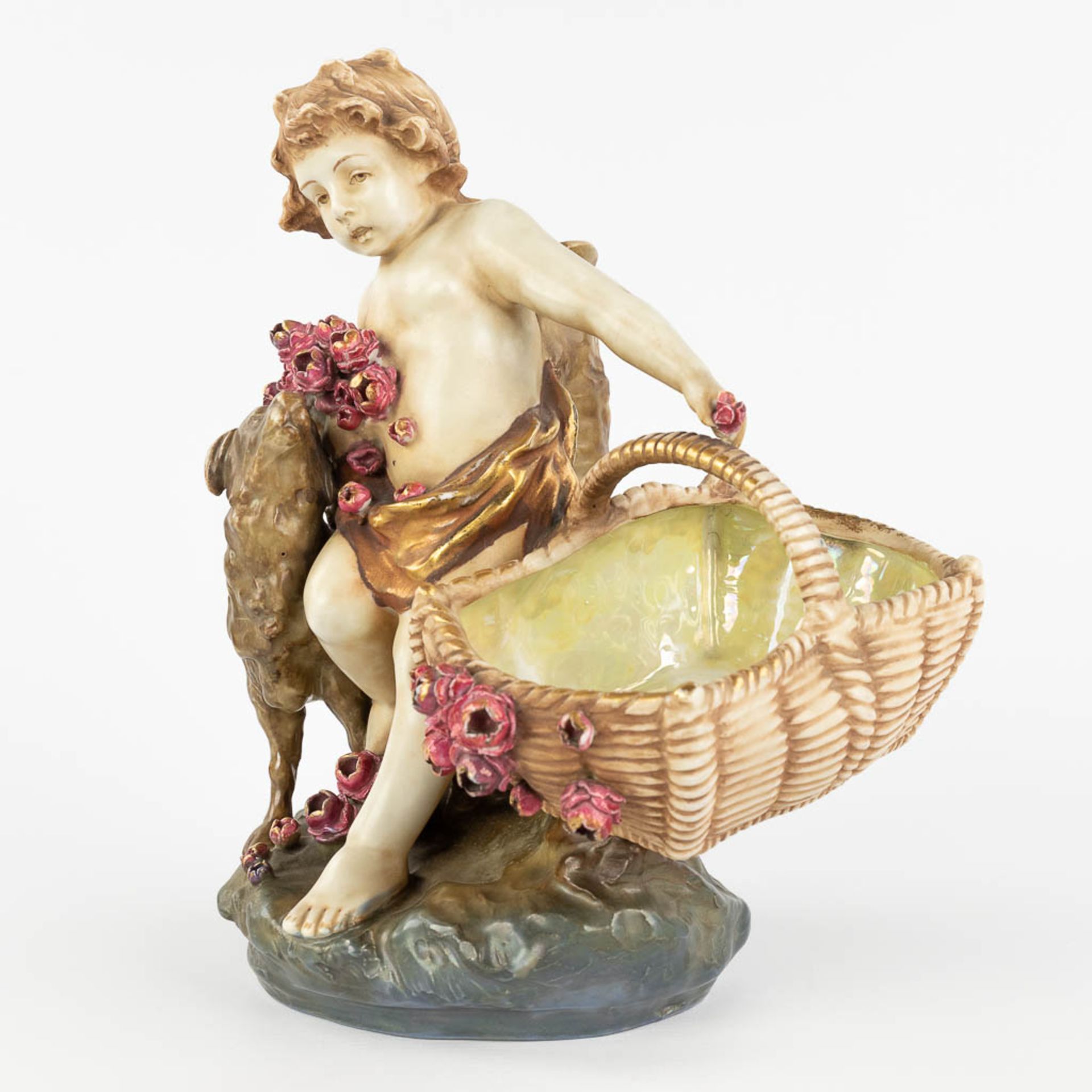 Amphora Austria, 'Child with a basket and sheep' made of glazed faience. (L: 18 x W: 24 x H: 29,5 cm - Image 8 of 14
