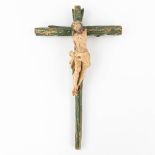 An antique corpus and crucifix, sculptured and polychrome wood, 18th century. (W: 26 x H: 42,5 cm)