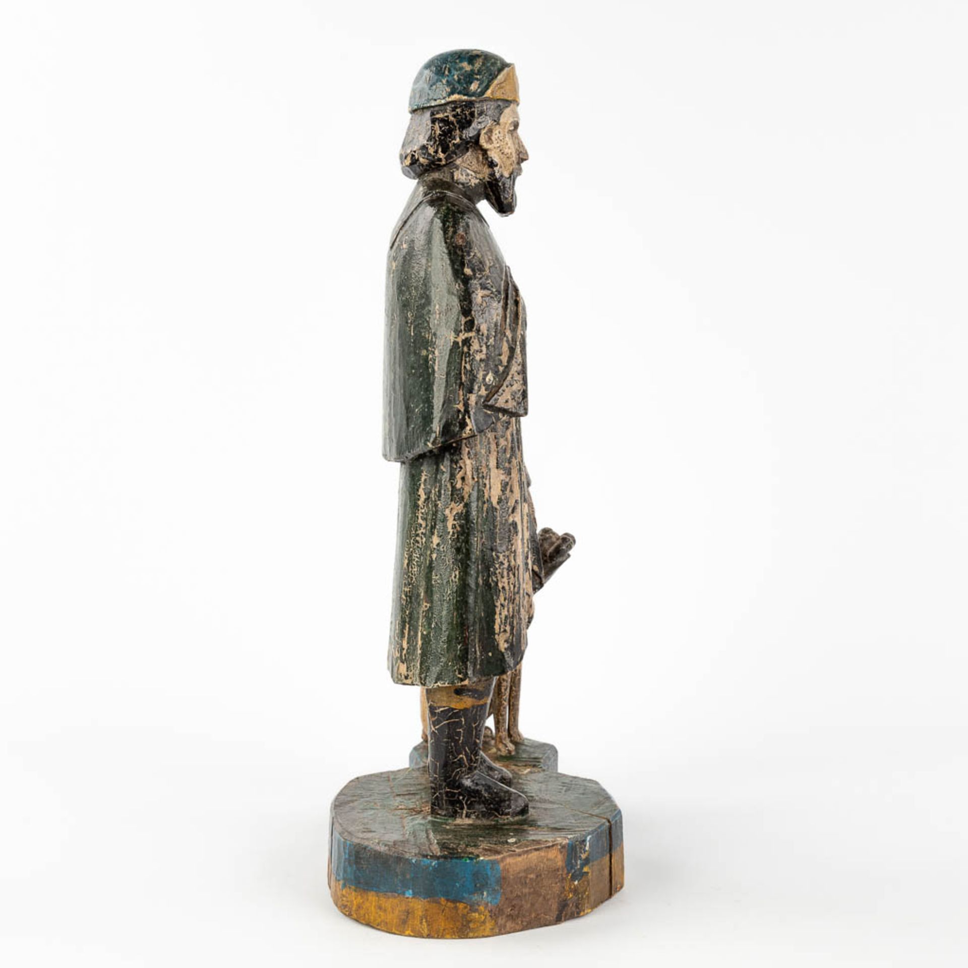 An antique wood sculpture 'Saint Rochus and his dog'. 19th C. (L: 14 x W: 19,5 x H: 37 cm) - Image 4 of 11