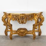 A wood sculptured console table with marble top, circa 1970. (L: 45 x W: 132 x H: 80 cm)
