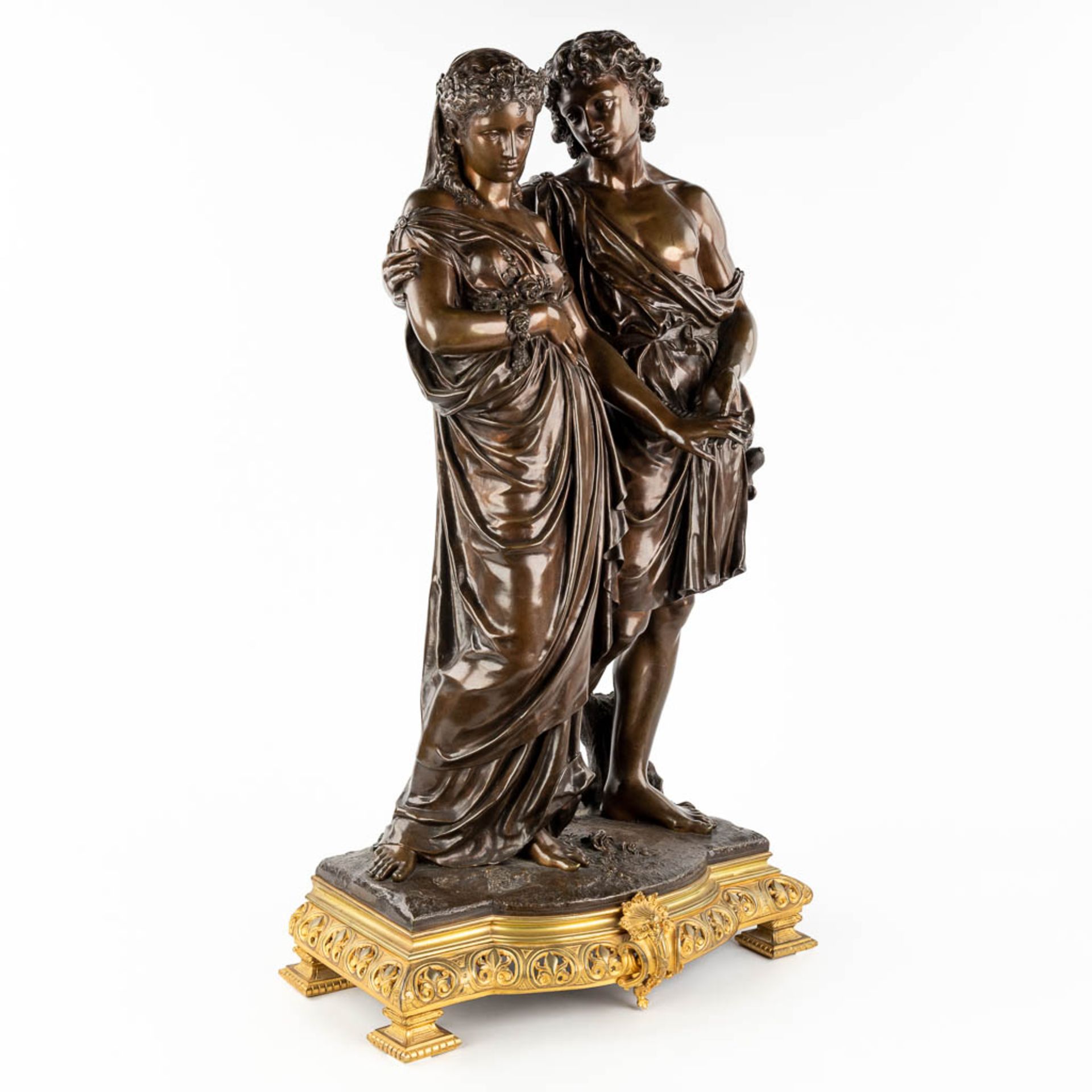 Jean-Baptiste GERMAIN (1841-1910) 'Figure of classical youth and maiden' patinated bronze. (L: 25 x - Image 6 of 11