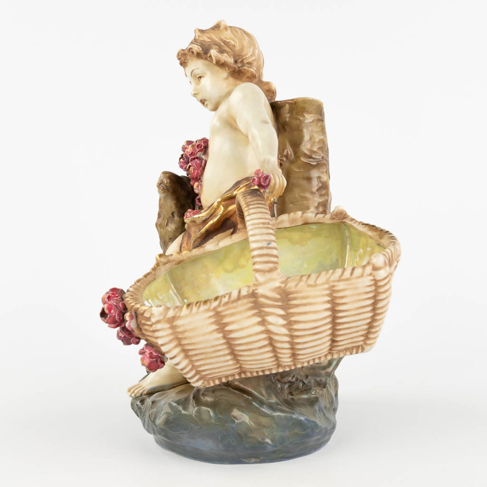 Amphora Austria, 'Child with a basket and sheep' made of glazed faience. (L: 18 x W: 24 x H: 29,5 cm - Image 7 of 14