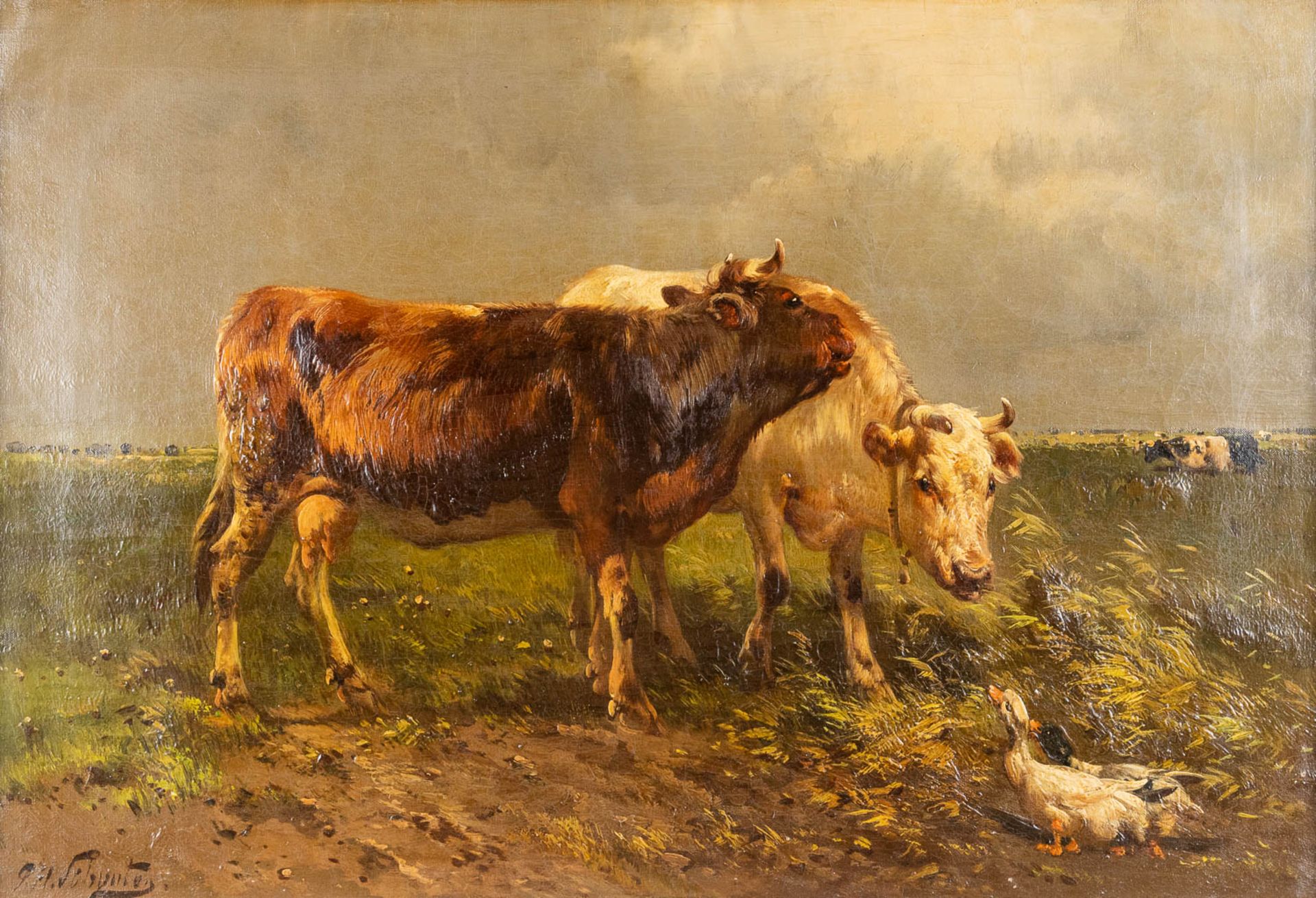 Henry SCHOUTEN (1857/64-1927) 'Pendant paintings, cows in a field' oil on canvas. (W: 80 x H: 55 cm) - Image 4 of 15