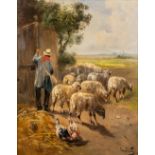 Henry SCHOUTEN (1857/64-1927) 'Sheep herder' oil on canvas. (W: 60 x H: 75 cm)