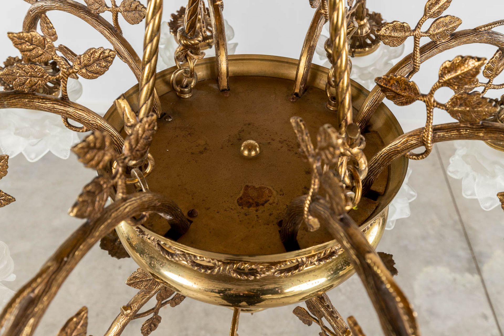 A chandelier, brass with glass lampshades. Circa 1970. (H: 85 x D: 85 cm) - Image 9 of 10