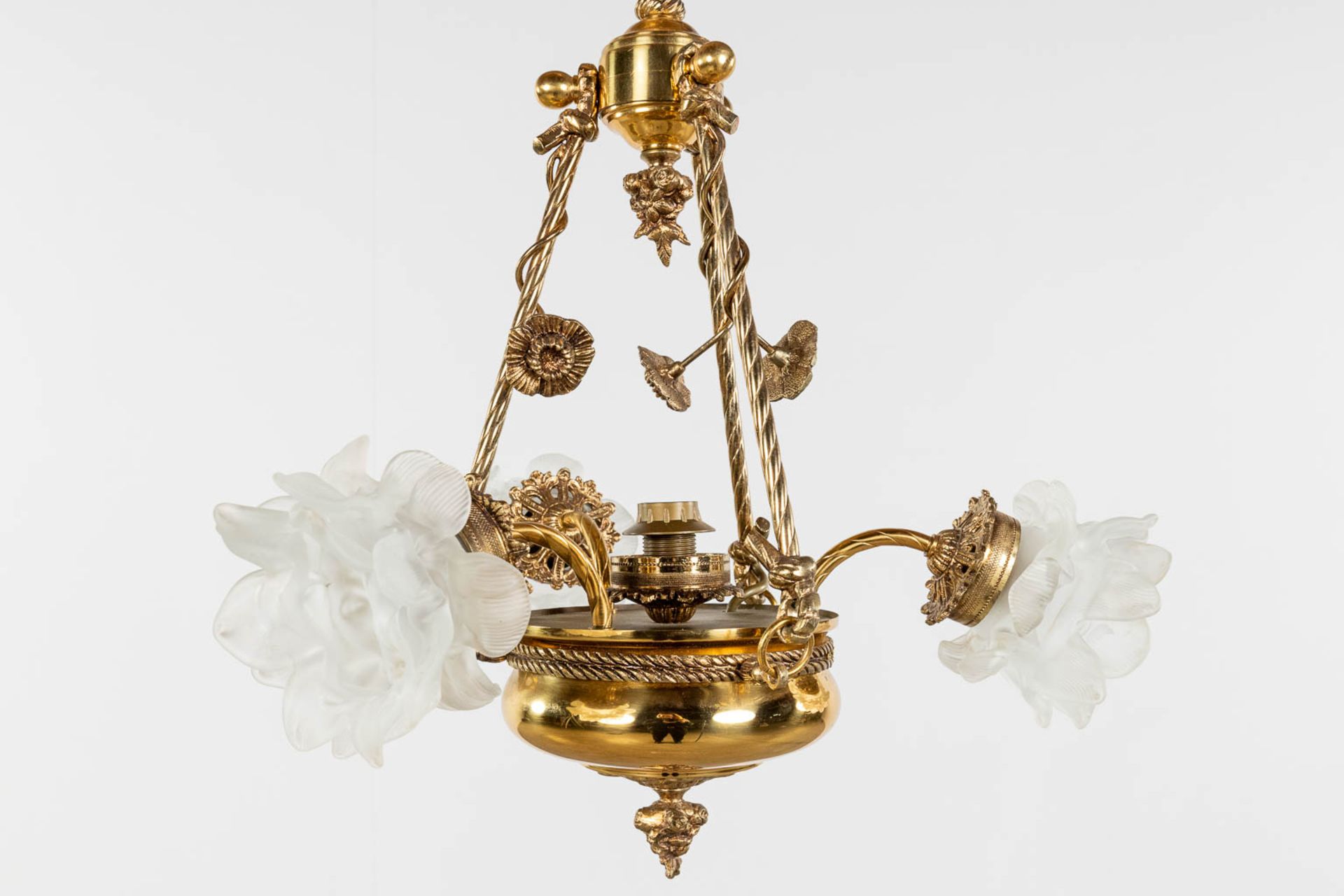 A chandelier, brass with glass lampshades, circa 1970. (H: 60 x D: 40 cm) - Image 3 of 9