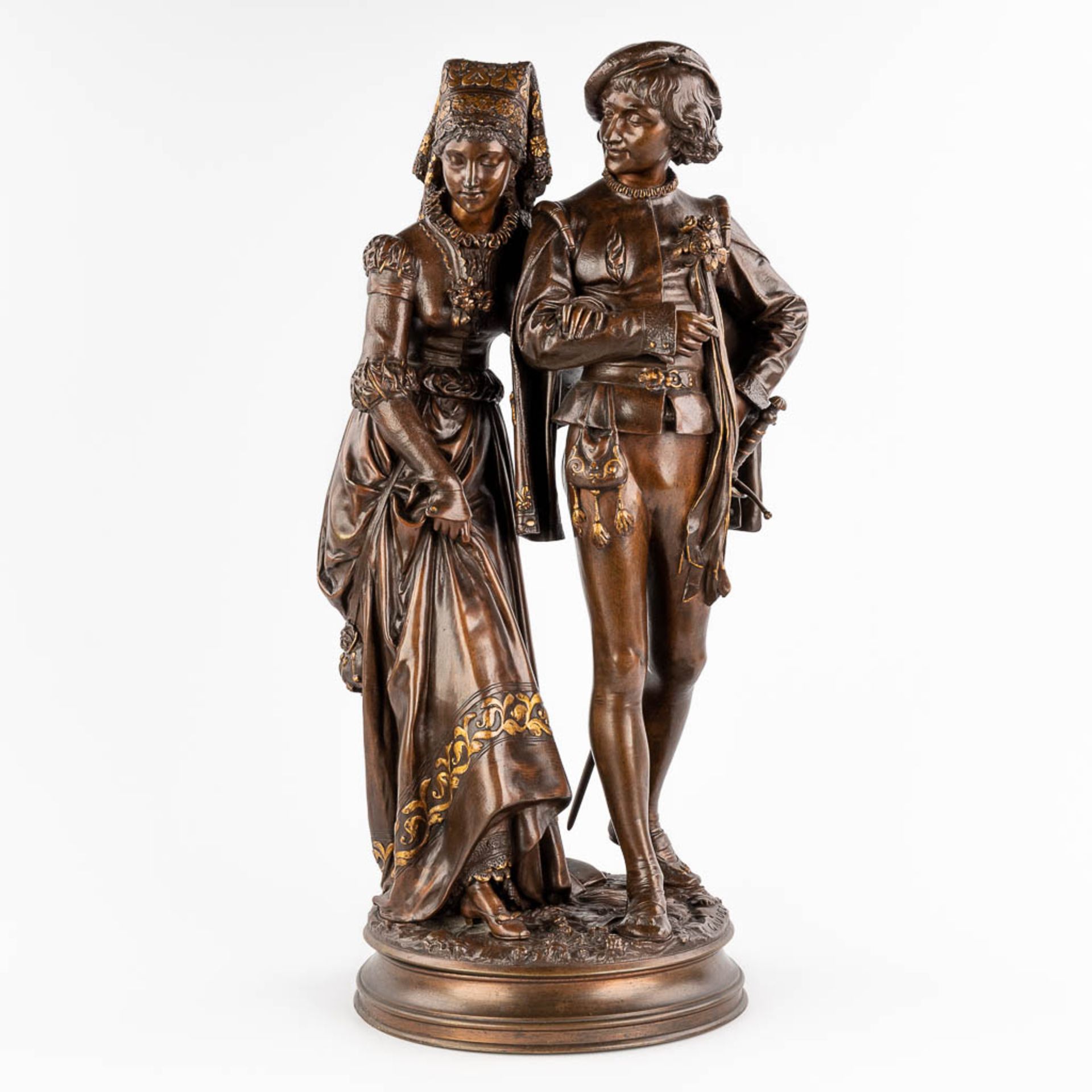 Adrien Etienne GAUDEZ (1845-1902) 'Gentleman and woman' patinated bronze. (H: 62 x D: 26 cm)