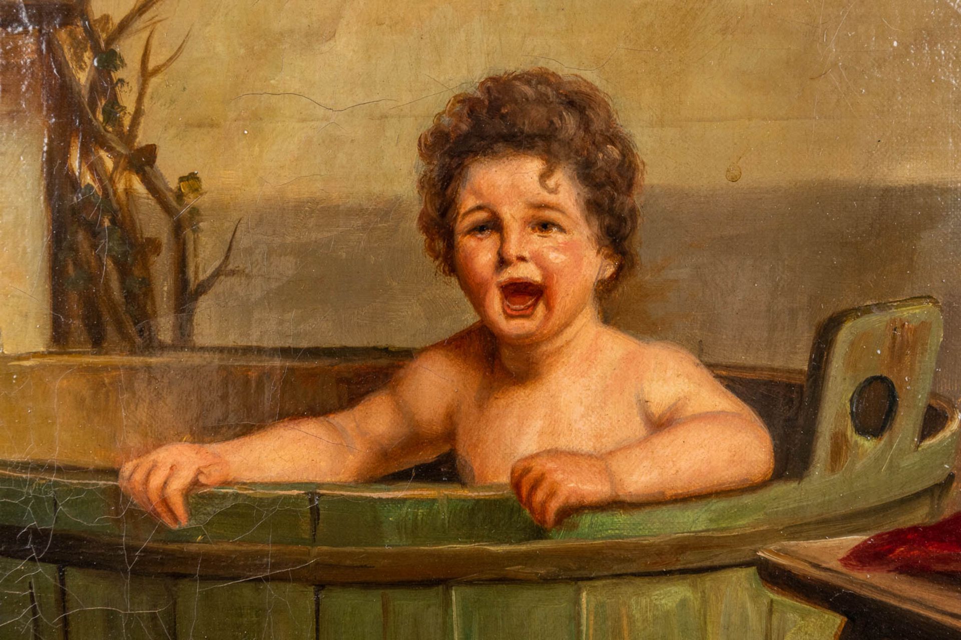Corneille DEBIE (XIX) 'Bathing time' oil on canvas. (W: 45 x H: 34 cm) - Image 4 of 11