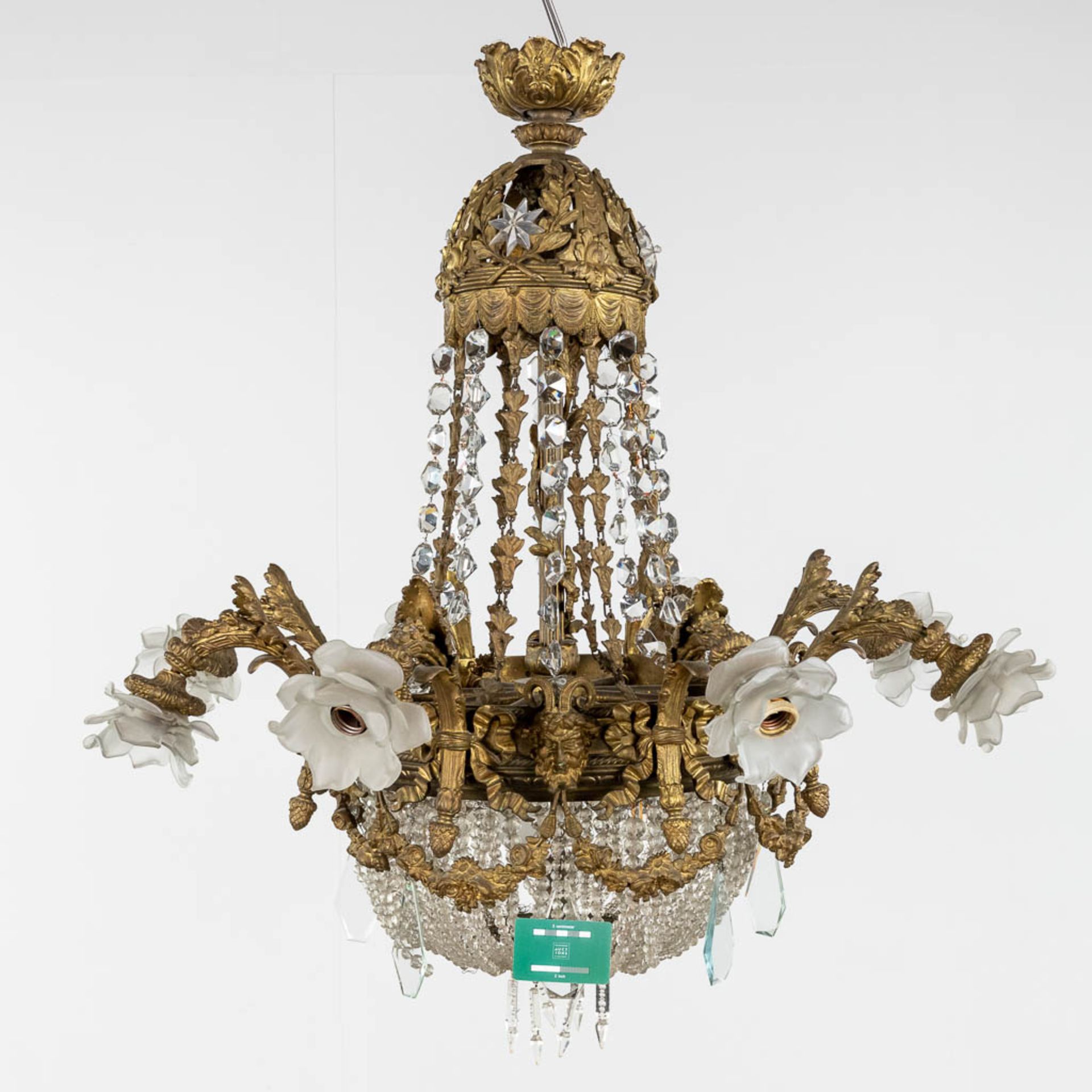 A large chandelier 'Sac ˆ Perles', bronze and glass. Circa 1900. (H: 100 x D: 100 cm) - Image 2 of 15