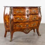 A commode, marquetry inlay and mounted with bronze and a marble top. Circa 1970. (L: 52 x W: 124 x H