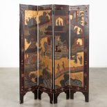 A Chinese room divider, folding screen with lacquered decors of fauna and flora. Circa 1900. (W: 114