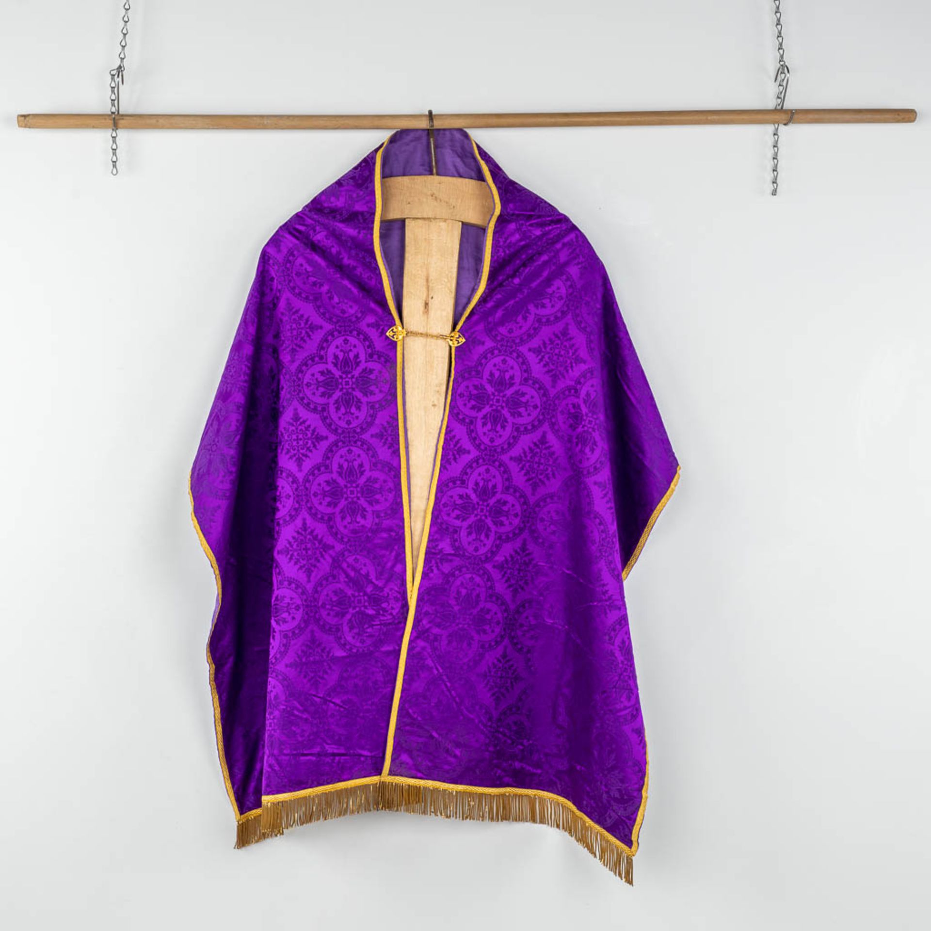 A Cope and Humeral Veil, finished with thick gold thread and purple fabric and the IHS logo. - Image 5 of 12