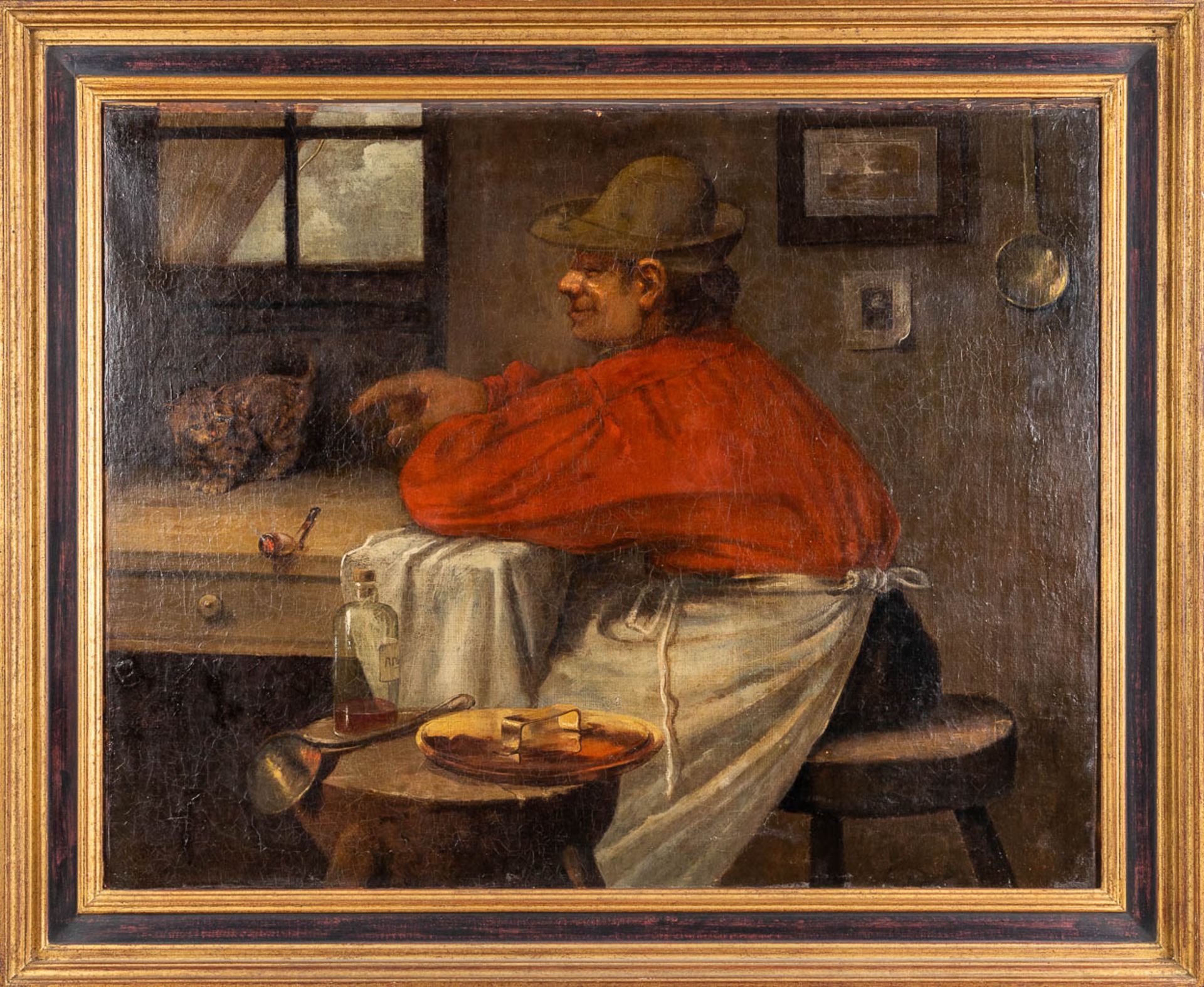Farmer with a cat, a painting, oil on canvas. No signature found. 19th C. (W: 81 x H: 65 cm) - Image 3 of 8