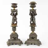A pair of candlesticks decorated with Karyatids. Spelter and bronze. 19th C. (L: 17 x W: 17 x H: 48