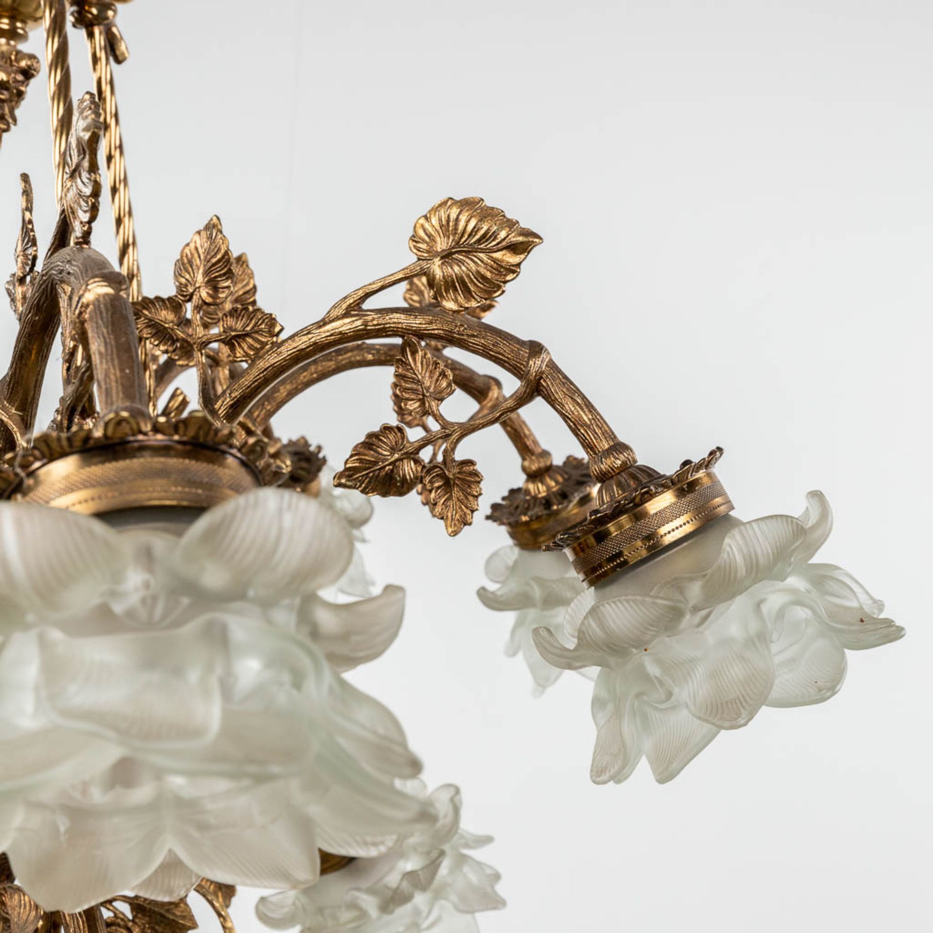 A chandelier, brass with glass shades. Circa 1970. (H: 85 x D: 85 cm) - Image 3 of 10