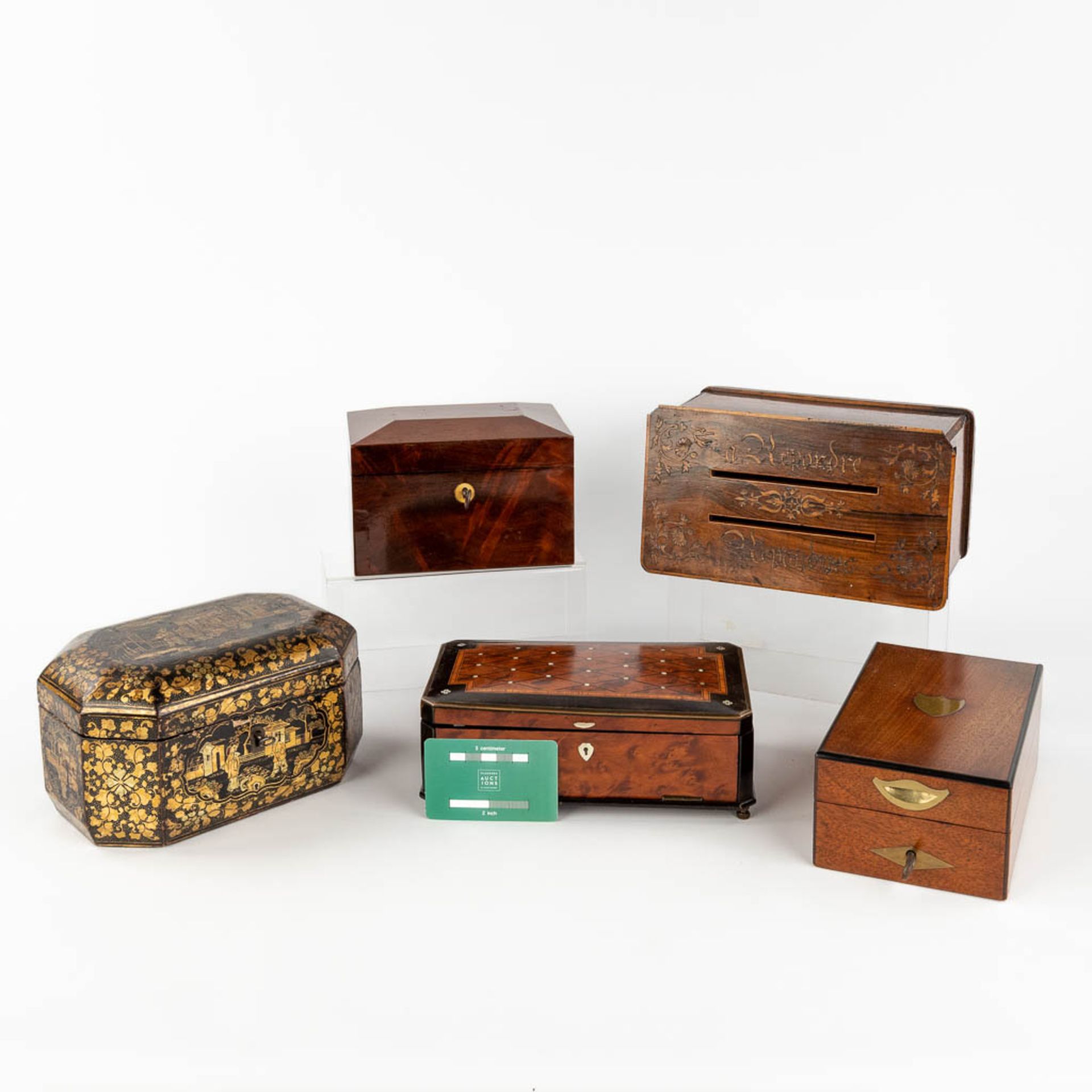 A collection of 5 antique storage boxes, 'Répondre and Répondues', Domino game and jewellery boxes. - Image 2 of 10