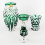 Val Saint Lambert, a collection of 3 vases, green cut crystal. (H: 30 x D: 15 cm)