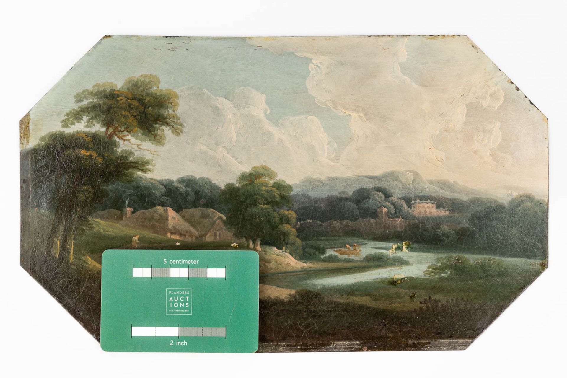 An antique landscape, Oil on metal, Italian school, 18th century. (W: 29 x H: 17,5 cm) - Image 2 of 8