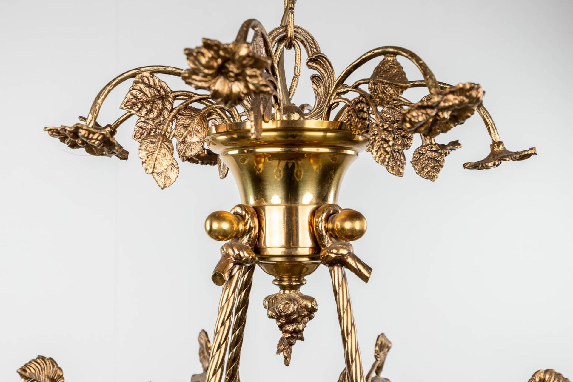 A chandelier, brass with glass shades. Circa 1970. (H: 85 x D: 85 cm) - Image 5 of 10