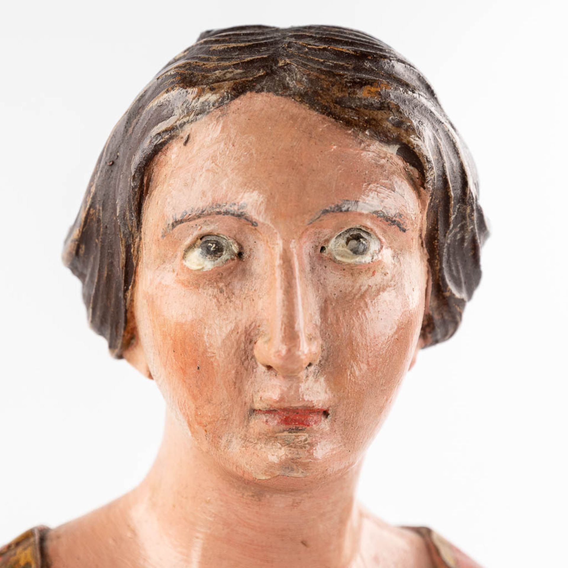 An antique wood-sculptured and polychrome figurine of a noble lady. 18th/19th C. (L: 20 x W: 25 x H: - Image 8 of 14
