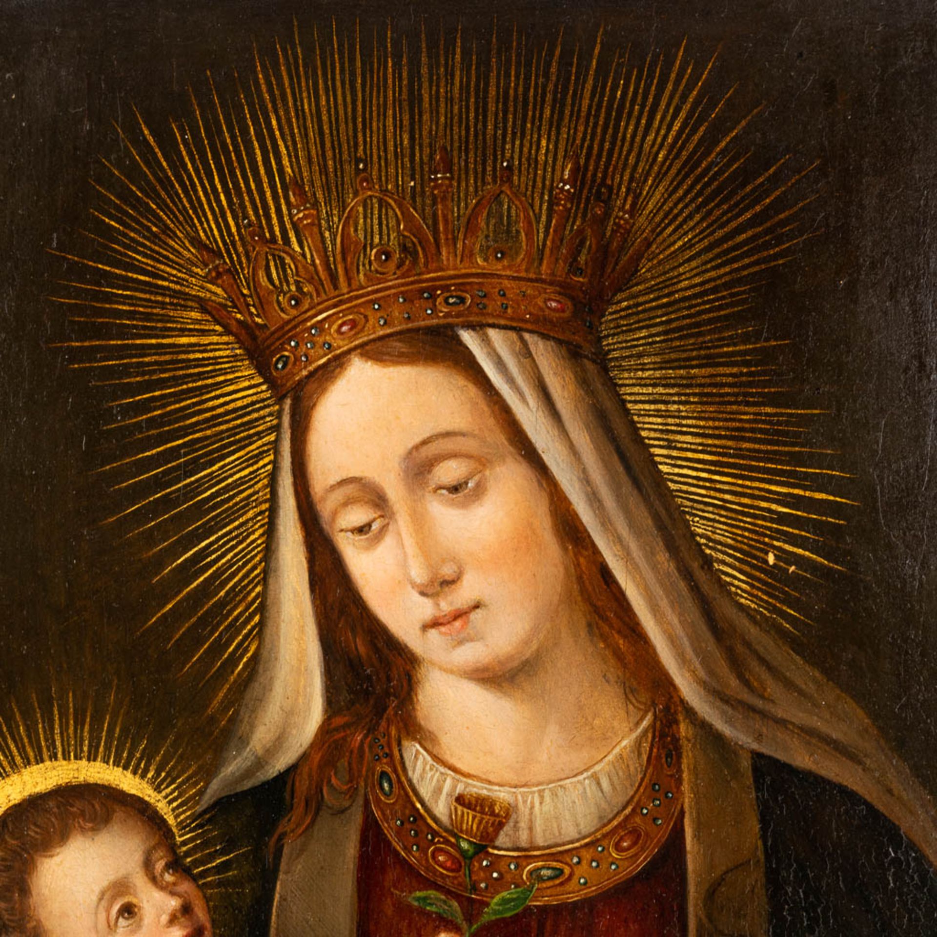 Virgin Mary with child', an antique painting, oil on panel. 16th/17th C. (W: 27 x H: 36,3 cm) - Image 4 of 8