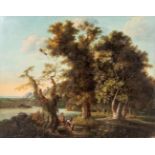 An antique painting, 'Landscape with figurines' oil on canvas. 17th century. (W: 124 x H: 98 cm)