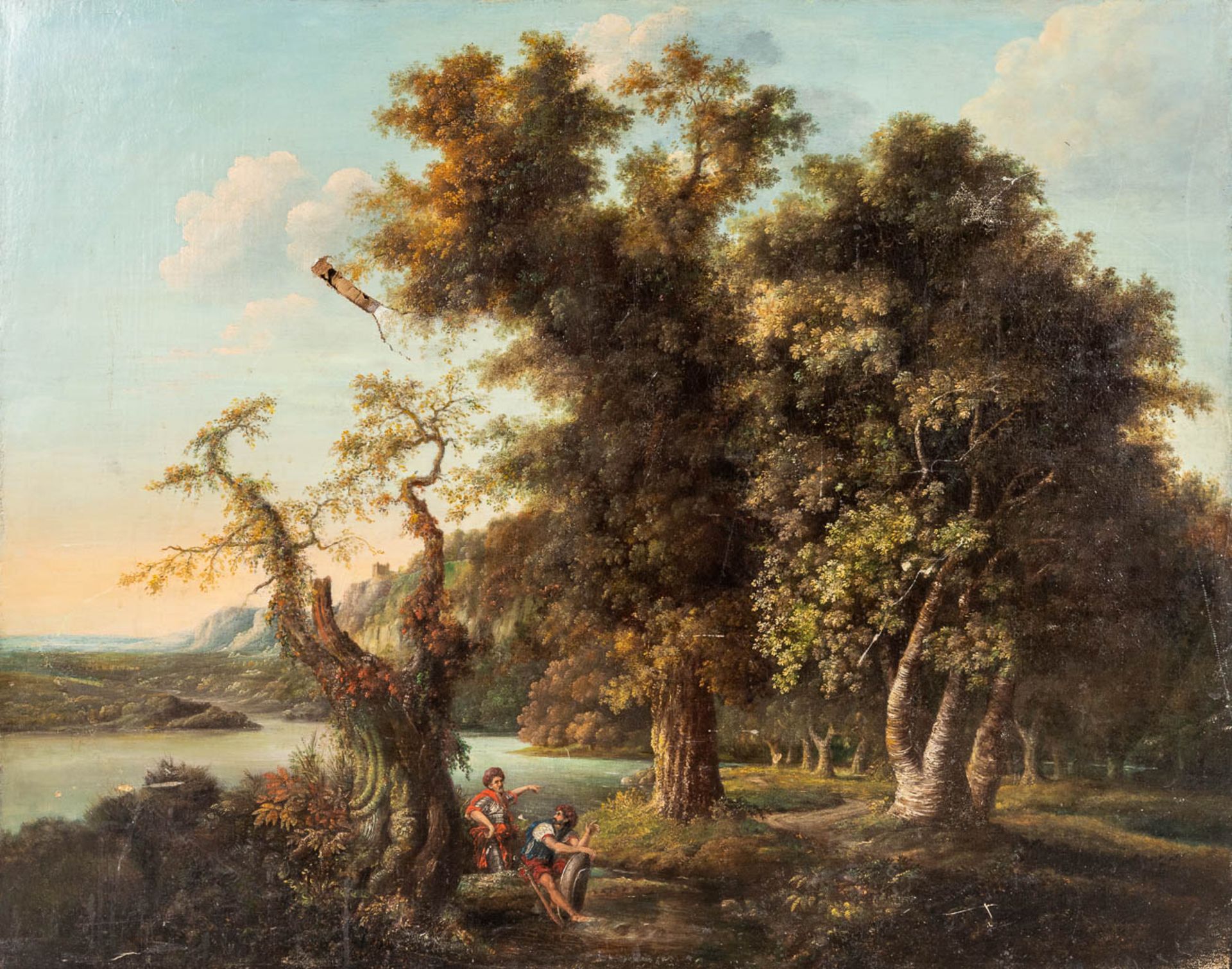 An antique painting, 'Landscape with figurines' oil on canvas. 17th century. (W: 124 x H: 98 cm)