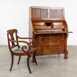 A commode Secretaire, with rolling shutters, mahogany veneer and a matching armchair. 19th century.