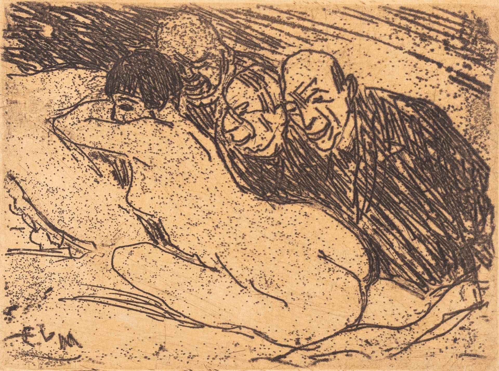 Eugeen VAN MIEGHEM (1875-1930) 'Trois épieurs' an etching, 1922. (W: 9,8 x H: 7,1 cm)