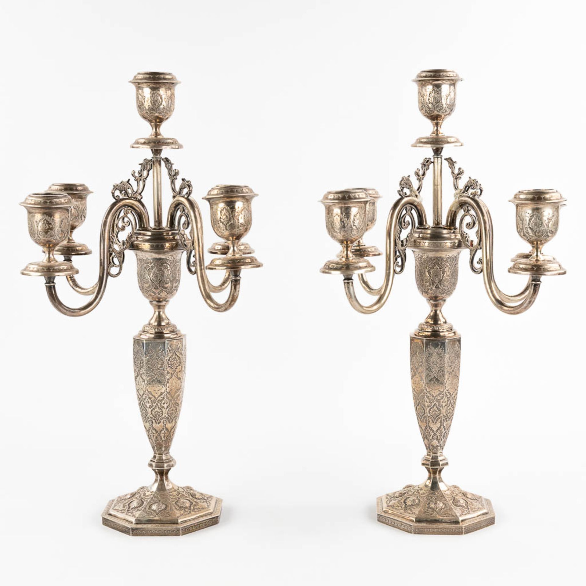 A pair of candelabra, silver, probably Middle-East. 3,650g. - Image 3 of 14