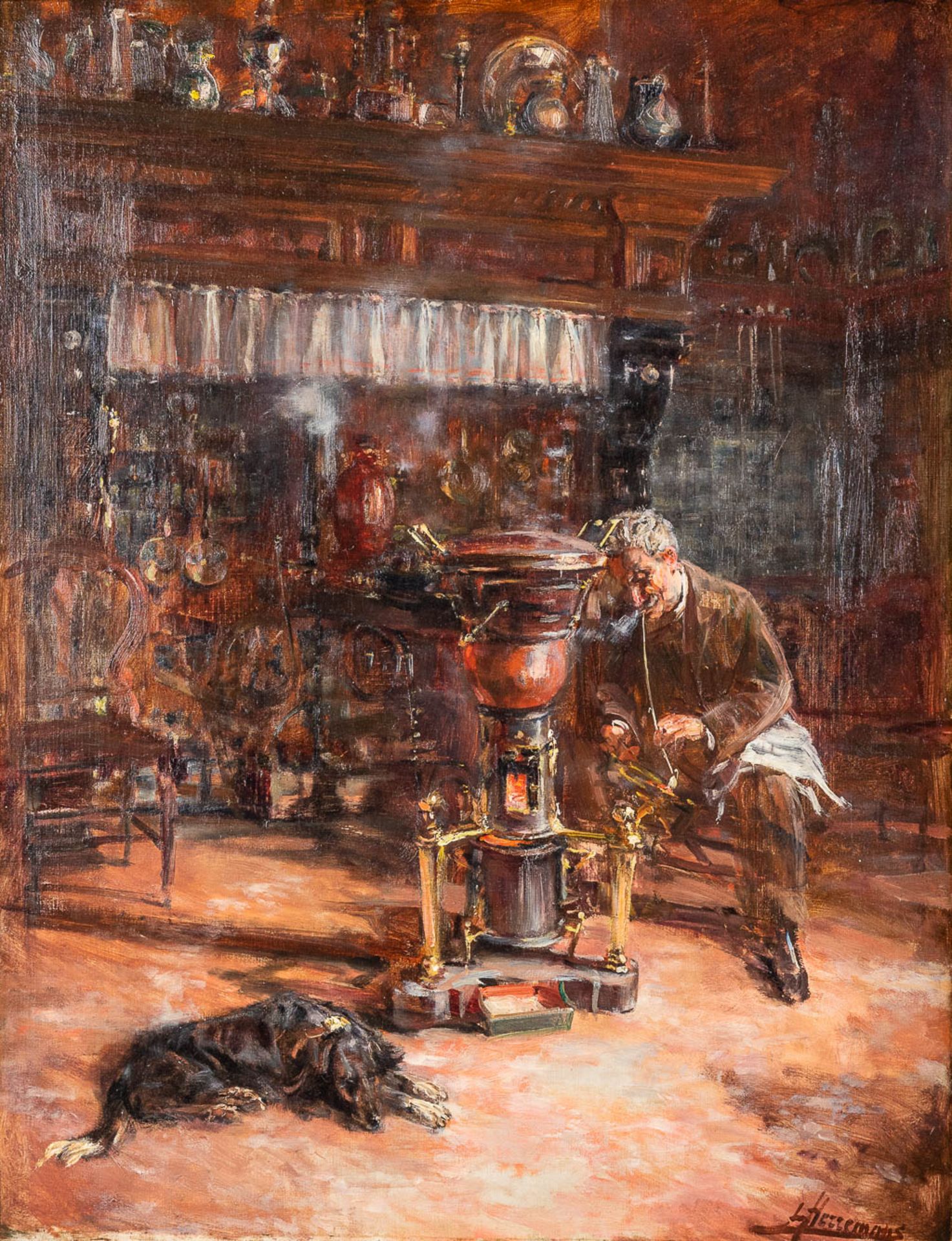 Lievin HERREMANS (1858-1907/21) 'Next to the fireplace' oil on canvas. (W: 57 x H: 75 cm)