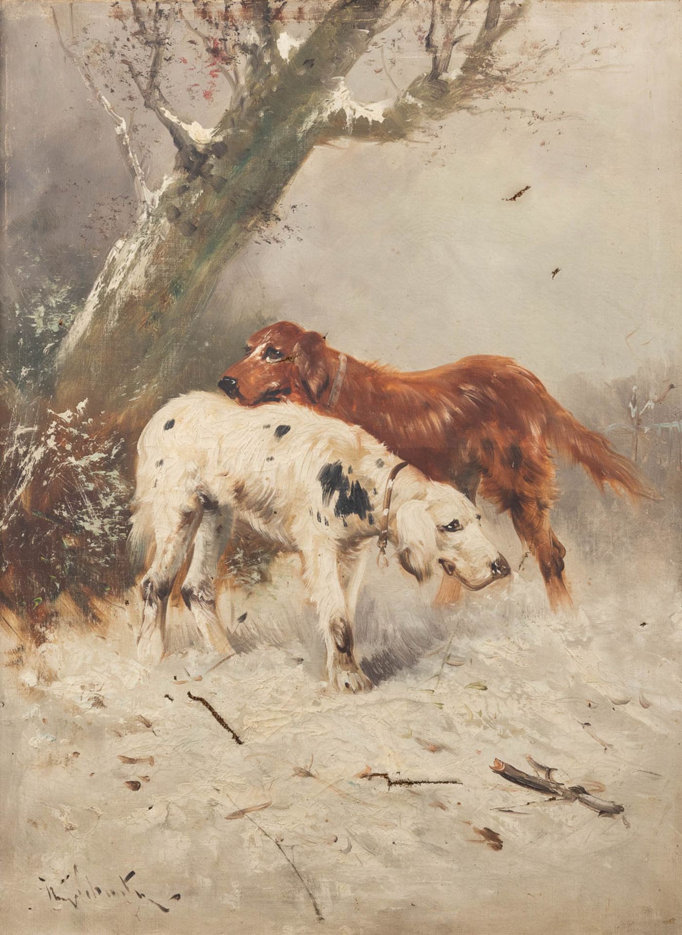 Henry SCHOUTEN (1857/64-1927) 'Dogs in the snow' oil on canvas. (W: 60 x H: 80 cm)