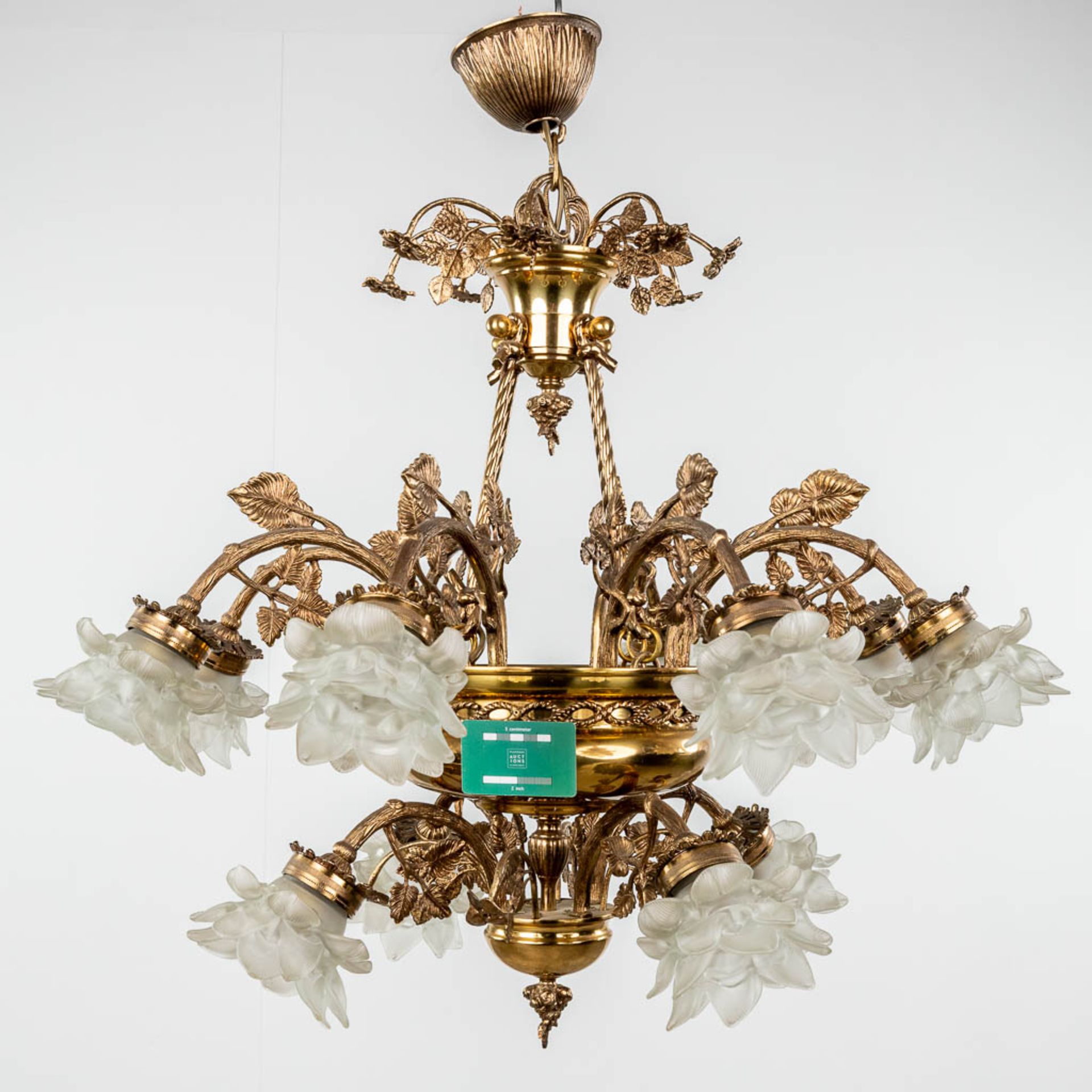 A chandelier, brass with glass shades. Circa 1970. (H: 85 x D: 85 cm) - Image 2 of 10