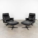 A pair of mid-century relax sofa's with matching ottoman, leather, circa 1960. (L: 77 x W: 80 x H: 9