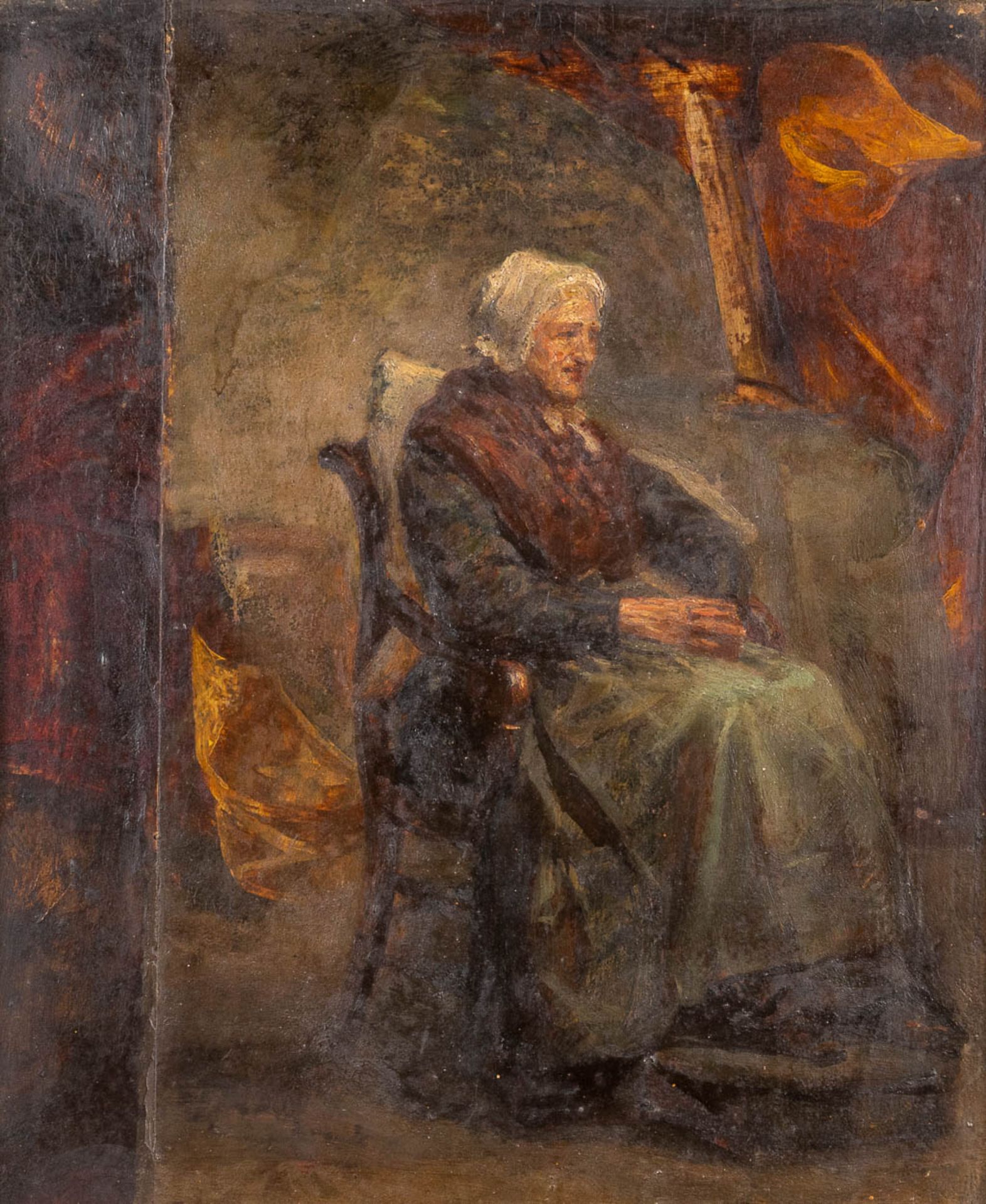 An antique painting 'the Waiting lady' oil on panel. (W: 25,5 x H: 31 cm) - Image 3 of 6