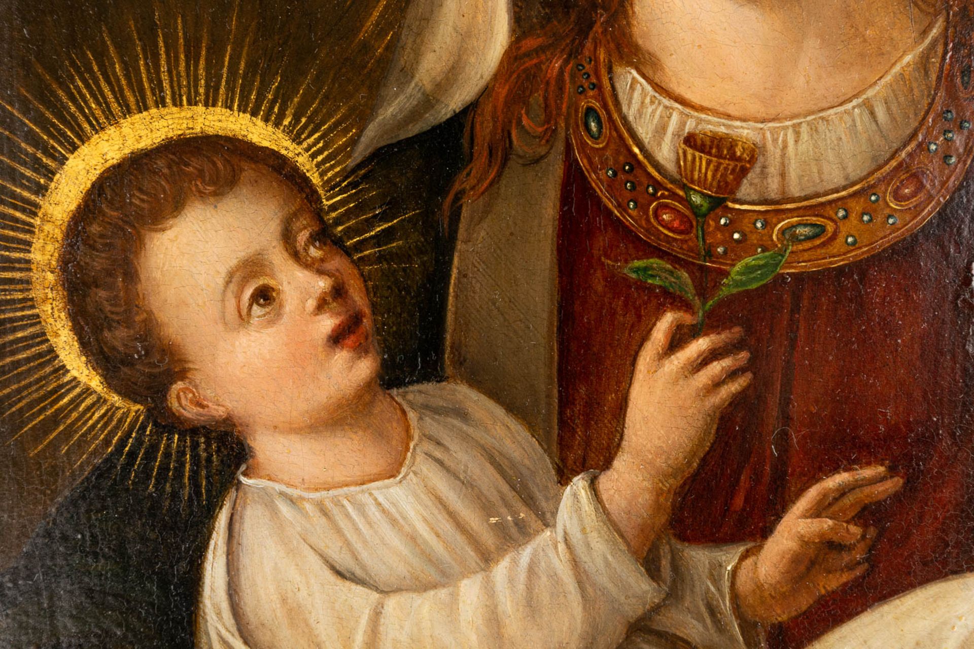 Virgin Mary with child', an antique painting, oil on panel. 16th/17th C. (W: 27 x H: 36,3 cm) - Image 5 of 8