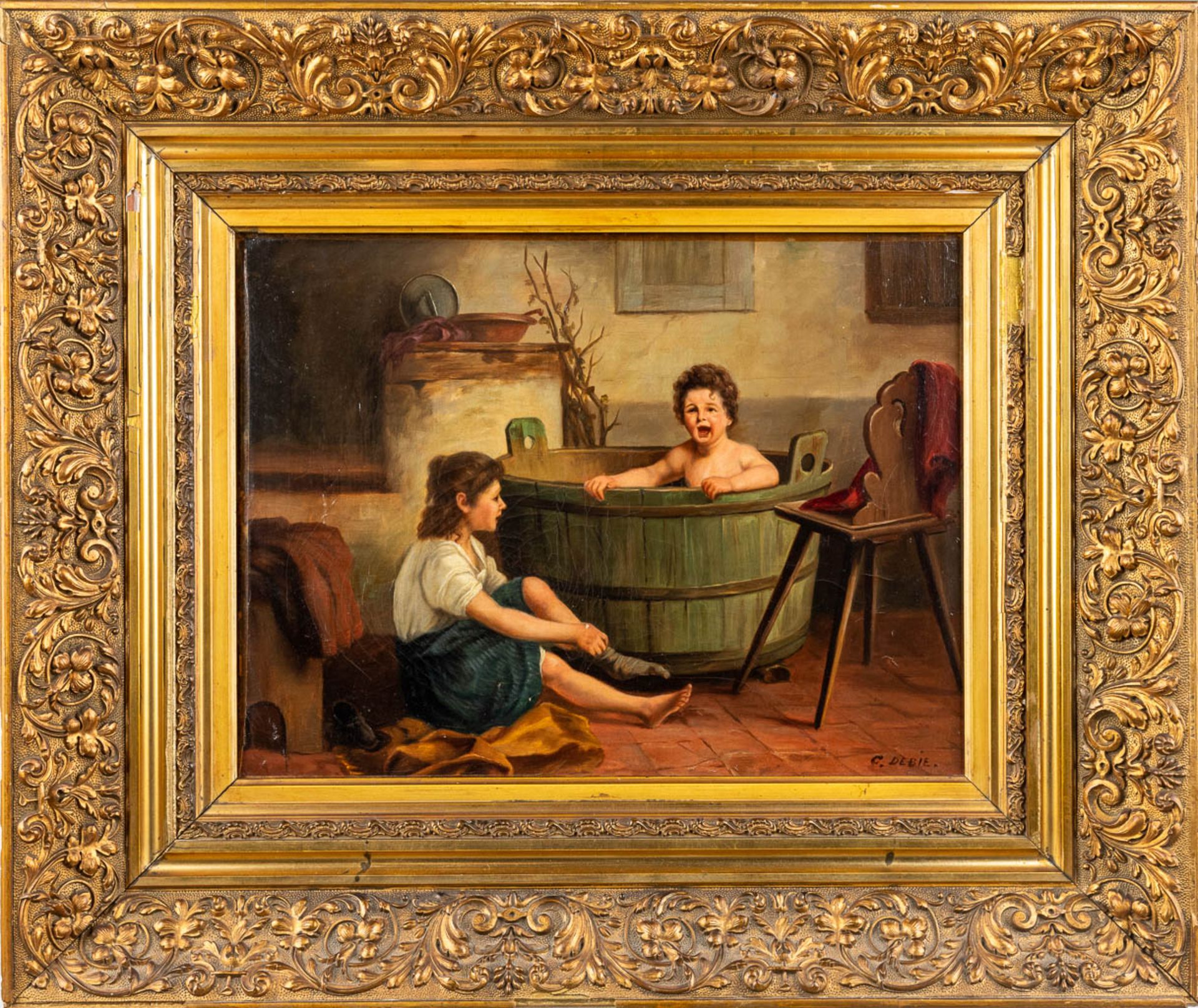 Corneille DEBIE (XIX) 'Bathing time' oil on canvas. (W: 45 x H: 34 cm) - Image 3 of 11