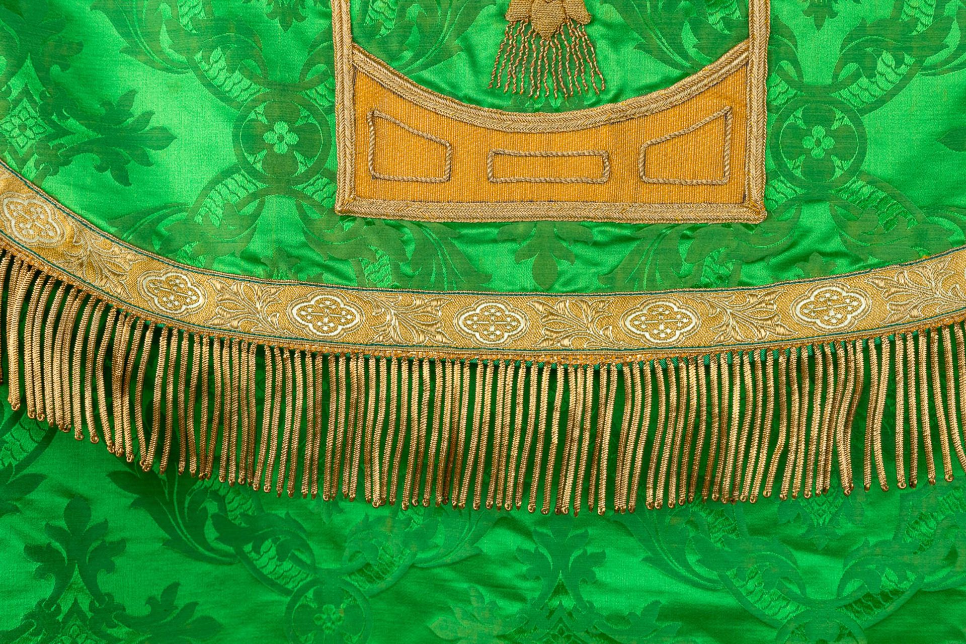 A Cope and Humeral Veil, finished with thick gold thread and green fabric and the IHS logo. - Image 5 of 14