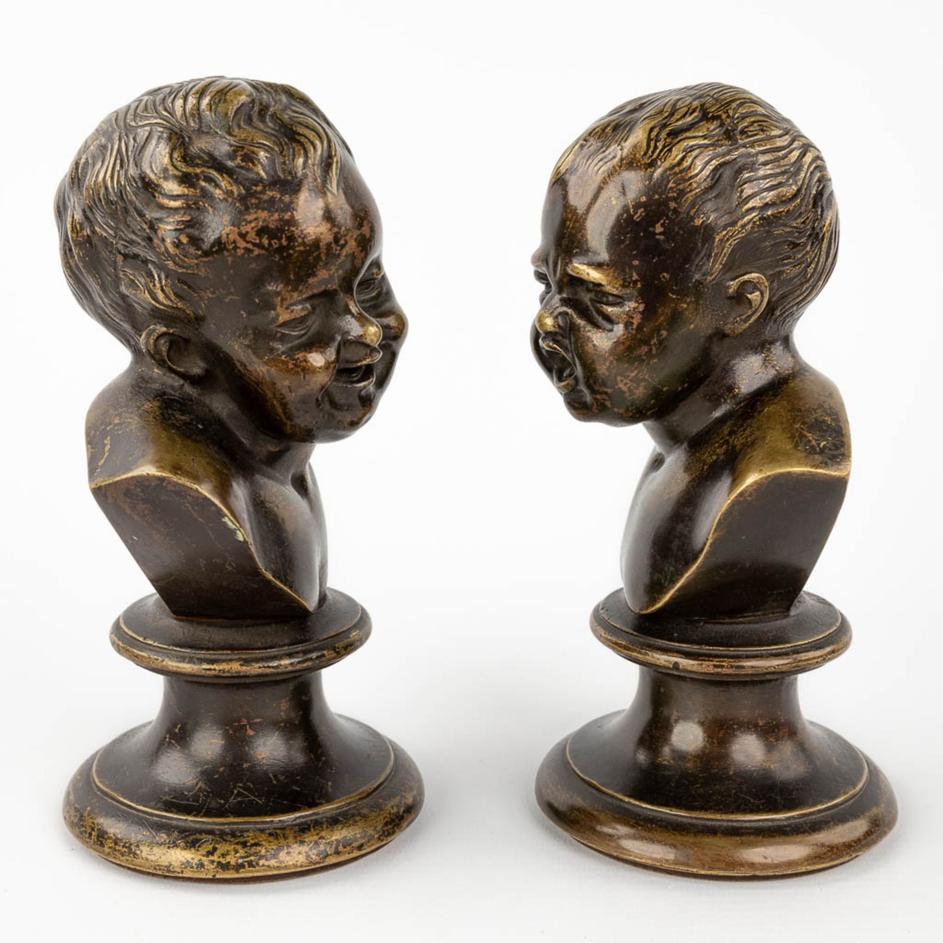 Jean Antoine HOUDON (1741-1828)(after) 'Jean qui rit et Jean qui pleure' patinated bronze. (H: 18 x - Image 7 of 11