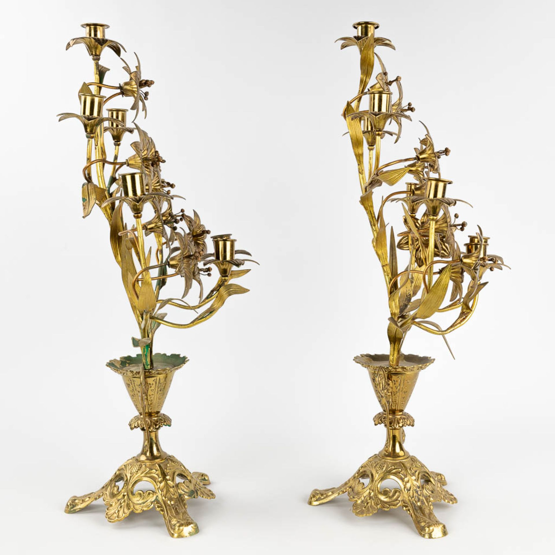 A pair of Church candlesticks, bronze and decorated with flowers. (L: 23 x W: 38 x H: 53 cm) - Image 4 of 13