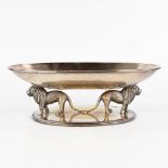 Valenti, a bowl on a base with 2 lions. Silver-plated bronze. 20th C. (L: 21 x W: 36 x H: 12 cm)