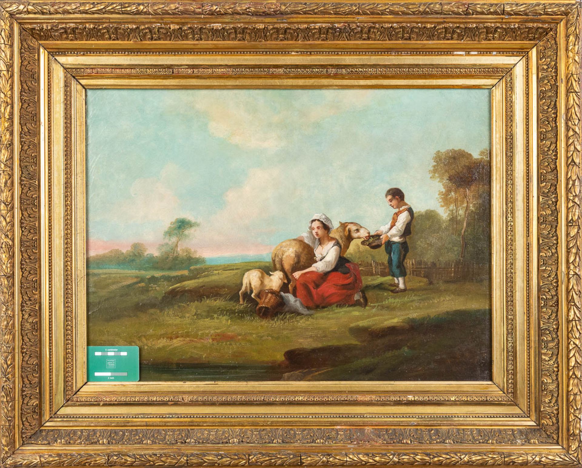 'Feeding the sheep, a painting, oil on canvas. 18th C. (W: 65 x H: 47 cm) - Image 2 of 8