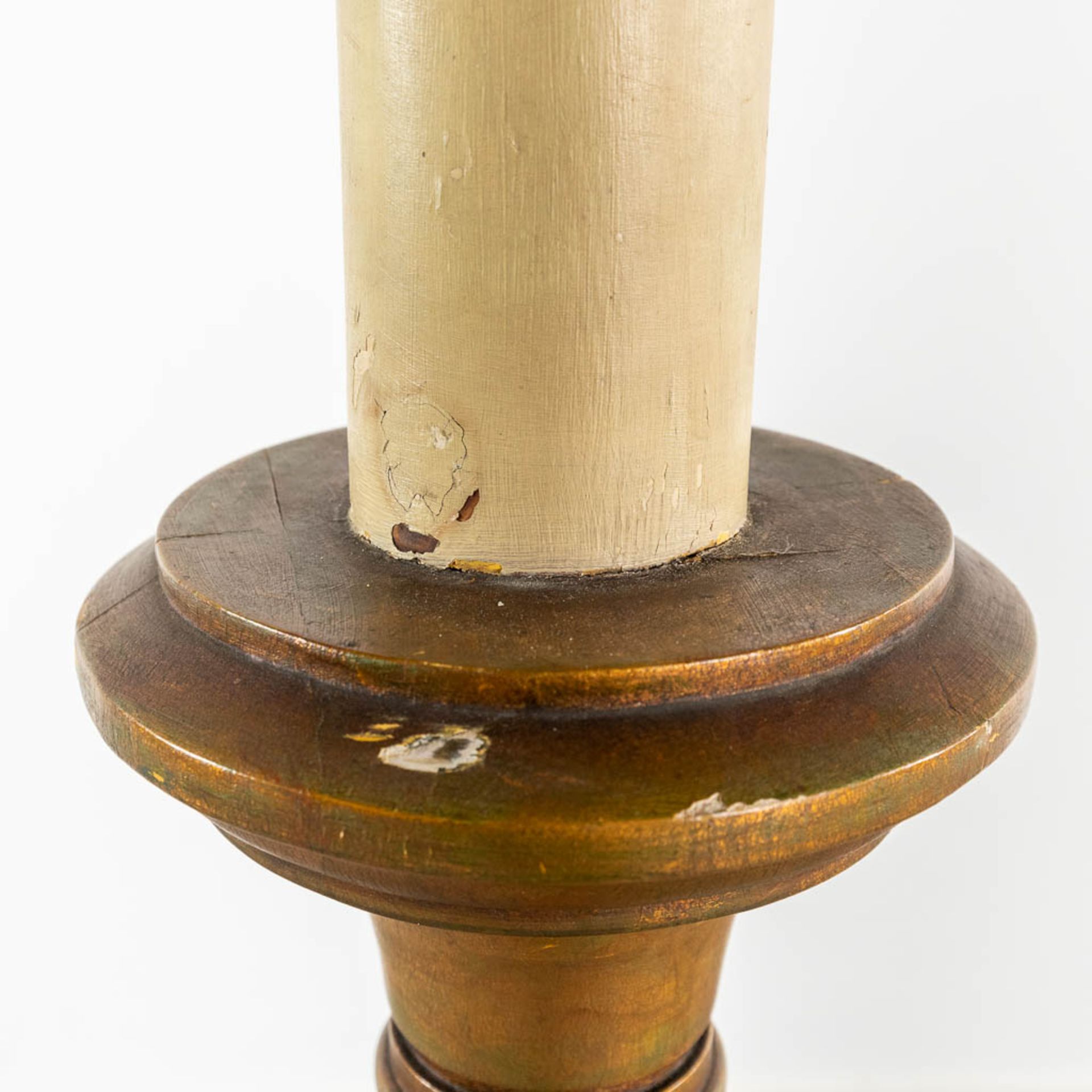 A pair of wood-sculptured church candlesticks. 19th C. (L: 41 x W: 41 x H: 219 cm) - Image 7 of 8