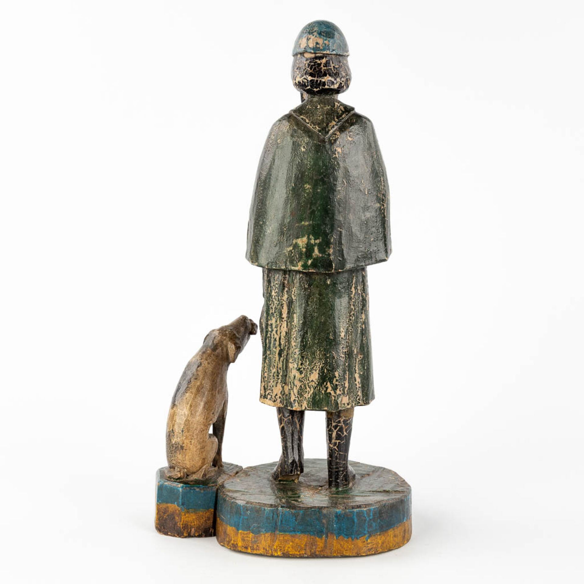 An antique wood sculpture 'Saint Rochus and his dog'. 19th C. (L: 14 x W: 19,5 x H: 37 cm) - Image 5 of 11