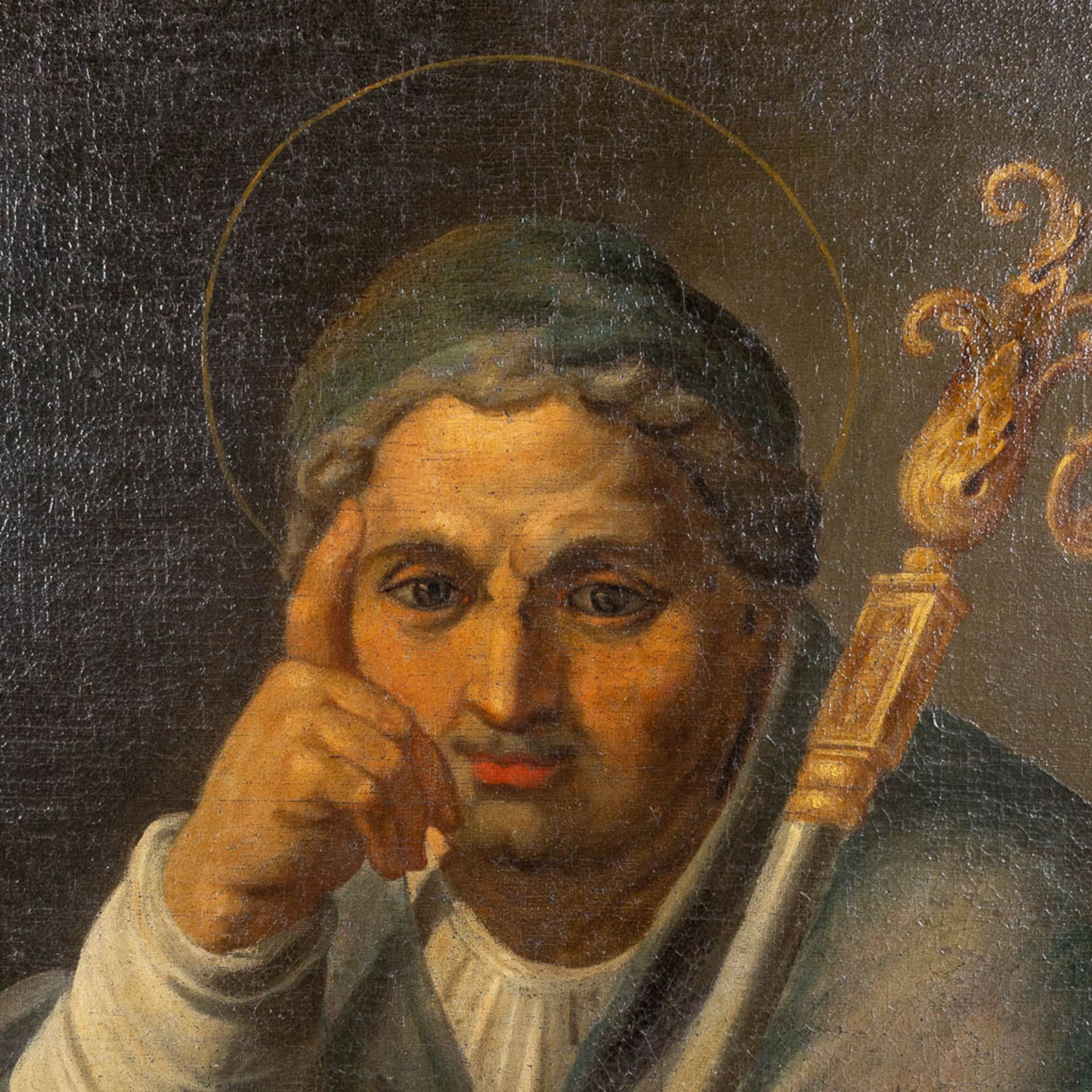 An antique painting, 'Saint Augustine with a staff and putto' oil on canvas. 18th C. (W: 60 x H: 75 - Image 4 of 8